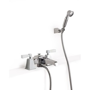 Groupe de bain Vip Time pour montage sur rebord avec douchette, flexible et support articulé - leviers en cristal blanc DEVON&DE