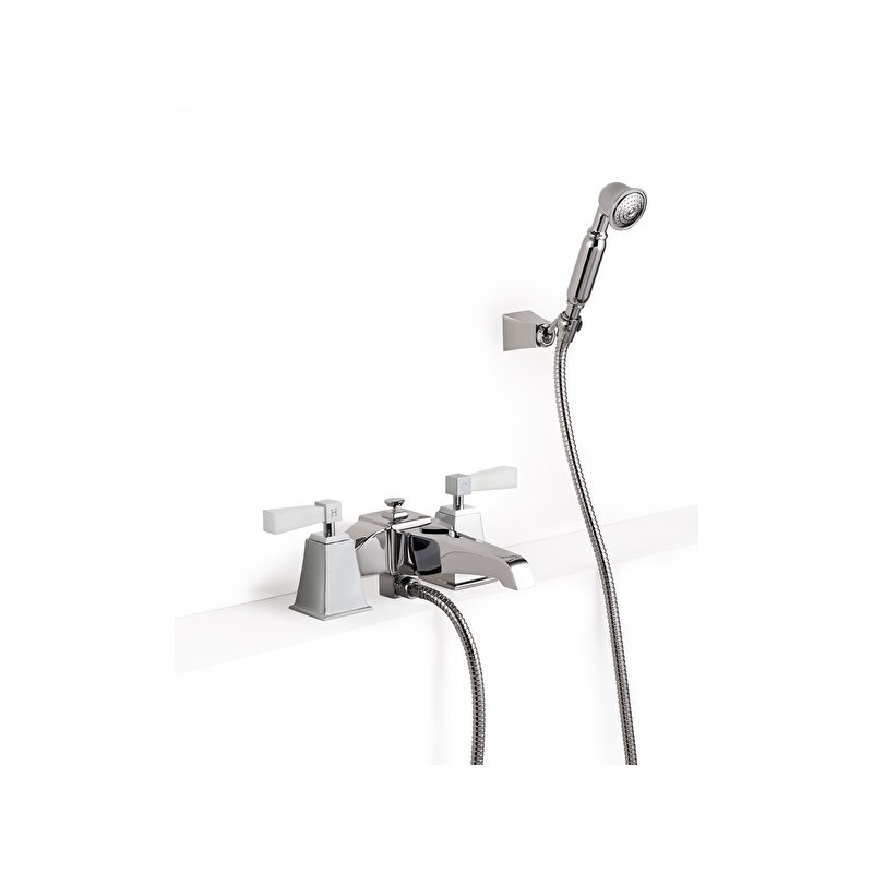 Groupe de bain Vip Time pour montage sur rebord avec douchette, flexible et support articulé - leviers en cristal blanc DEVON&DE