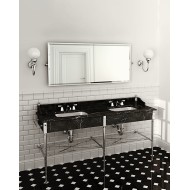 Lavabo DoubleMadison con piano in marmo Nero Marquinha,2 portasciugamani,ripiano in vetro L192xH103,5xP57 con gambe cromate DEVO