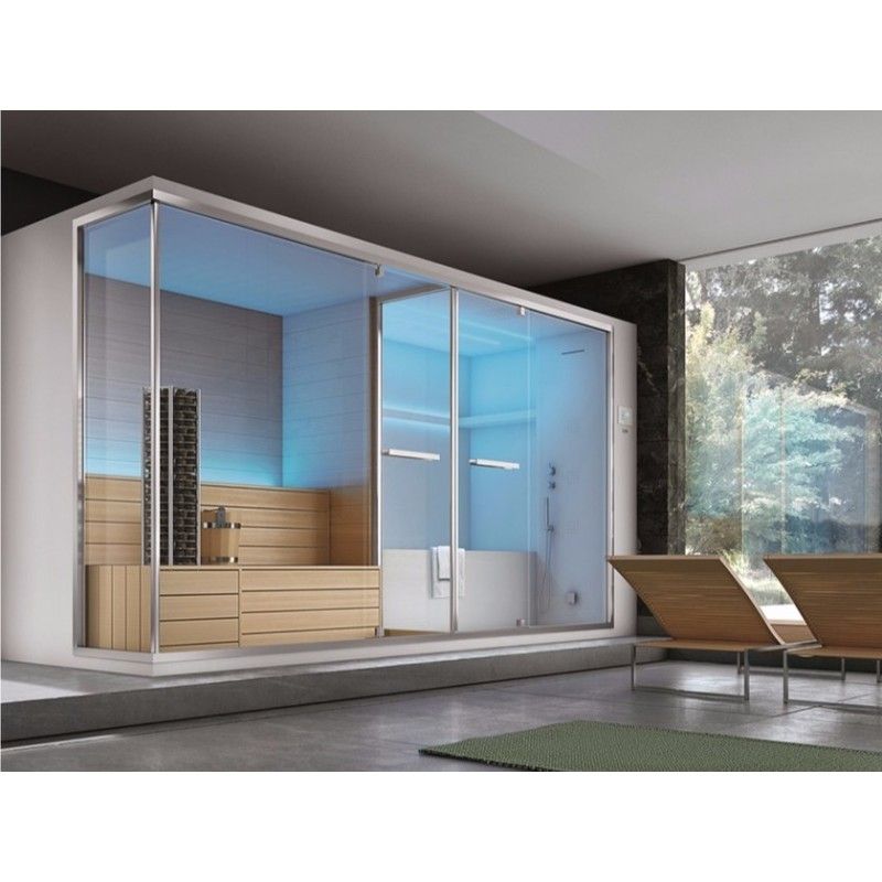 OLIMPO HAMMAM con Doccia e Vasca integrata + Sauna Versione Angolo 395x150xH.215 Angolo - Hafro - Geromin